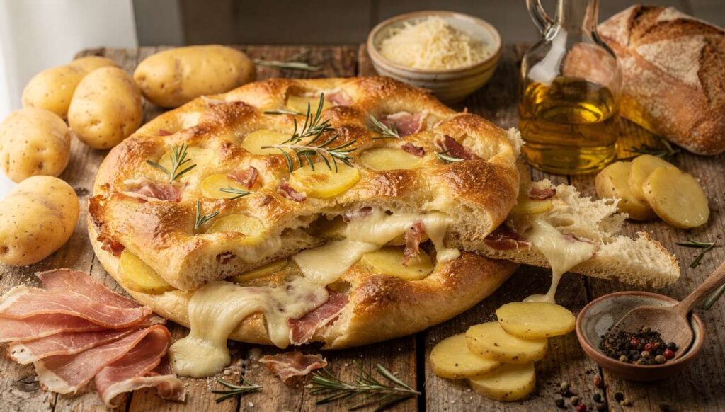 Schiacciata patate e speck: ripieno filante e gustoso in una ricetta sfiziosa