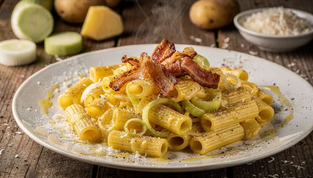 Pasta crema di patate e porro, la ricetta con guanciale croccante per stupire con gusto