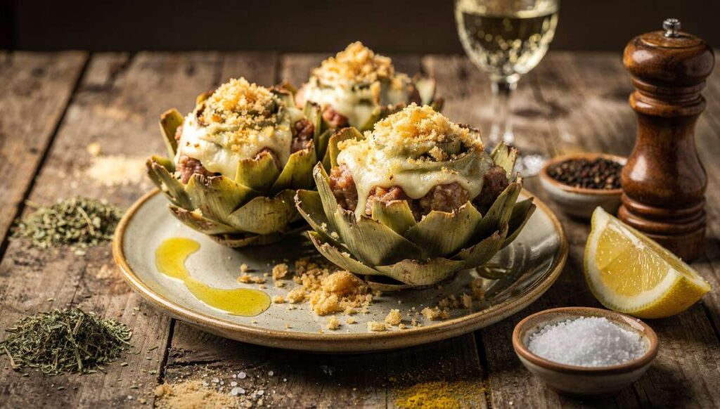 Carciofi ripieni al forno con salsiccia e provola: impossibile resistere