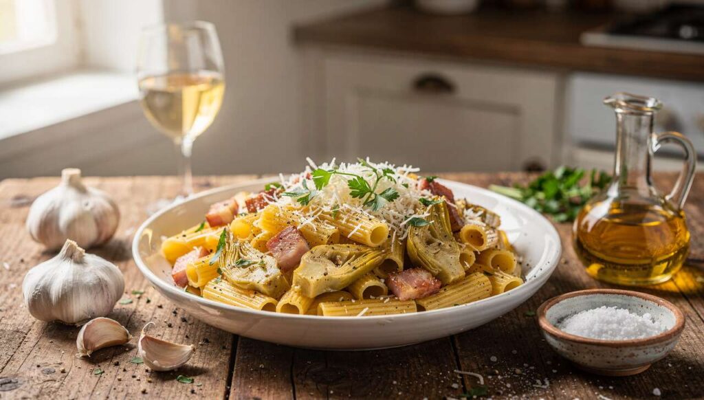 Pasta carciofi e guanciale in padella: il primo piatto di marzo che si prepara in 15 minuti
